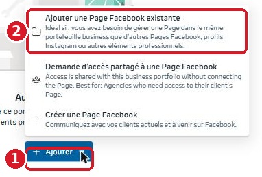 Menu « + Ajouter » des Pages dans les paramètres Meta, avec l'option « Ajouter une Page Facebook existante » encadrée