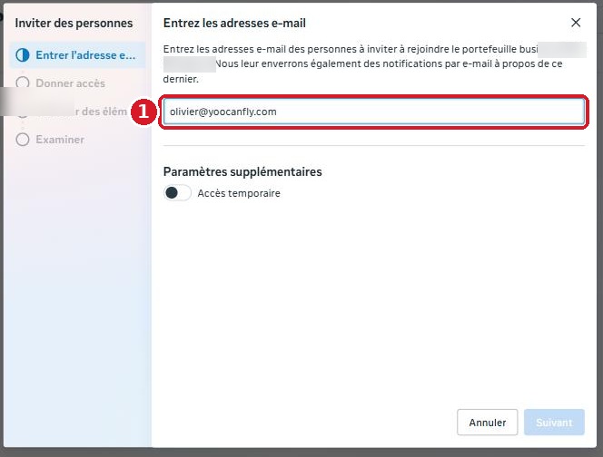 Fenêtre d'invitation Meta : les quatre étapes sont listées dans la colonne de gauche