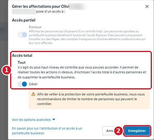 Écran du niveau d'accès Meta avec l'option « Accès total — Tout » activée